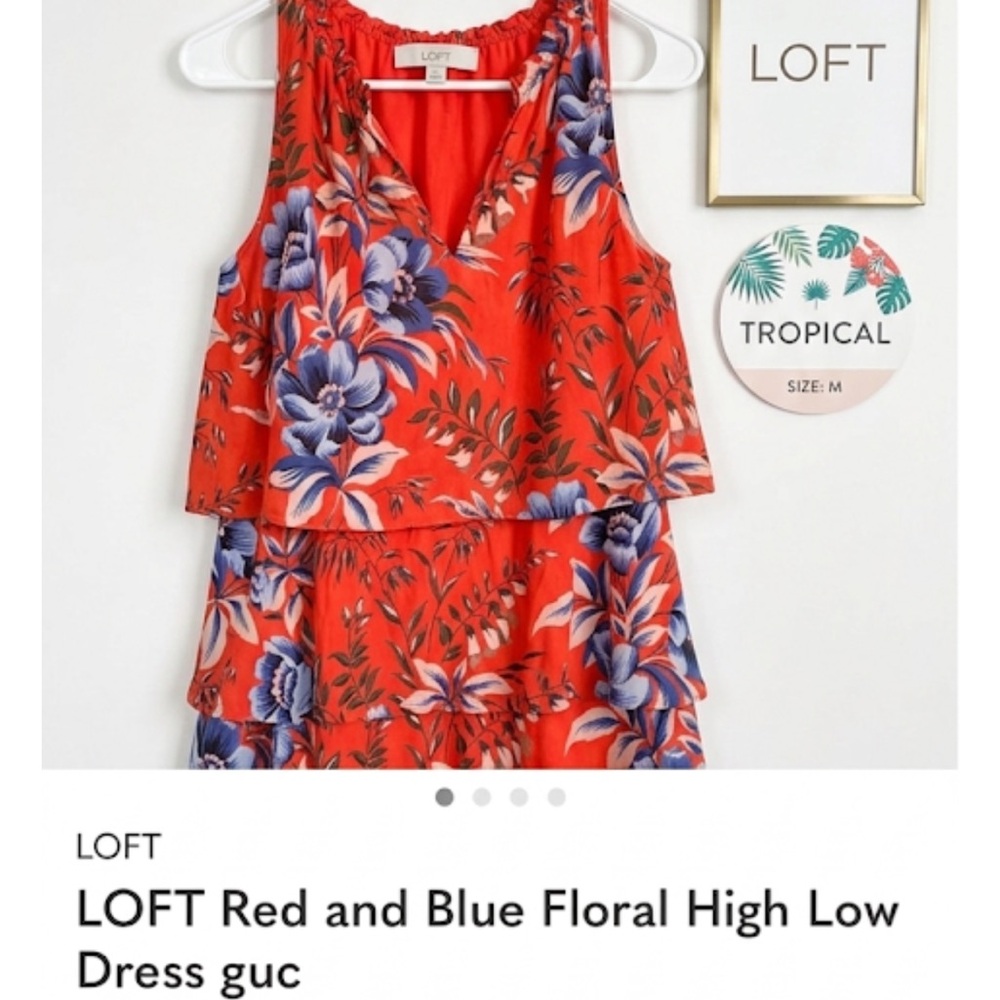 LOFT Red and Blue Floral High Low Dress guc
